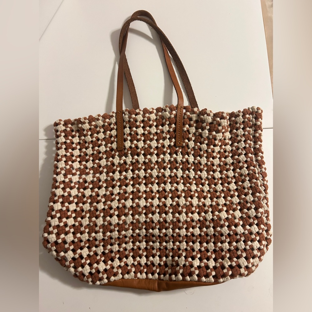 Zara Tan and Cream Tote Bag with Geometric Design